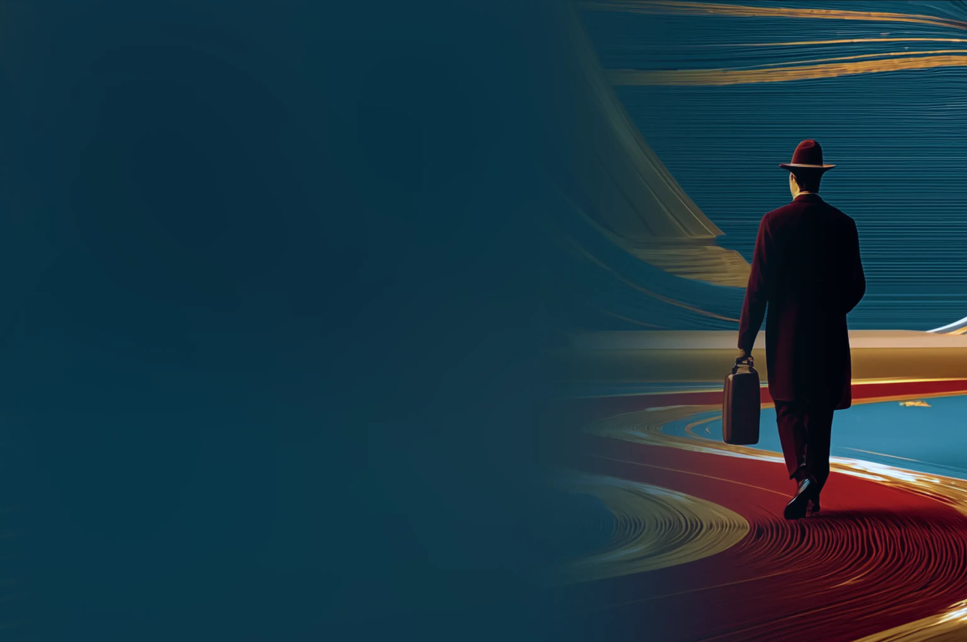 A fading lone figure in a hat and long coat carrying a briefcase, seen from behind walking along a curving red and gold striped path against a dark navy background, representing AI utility optimization