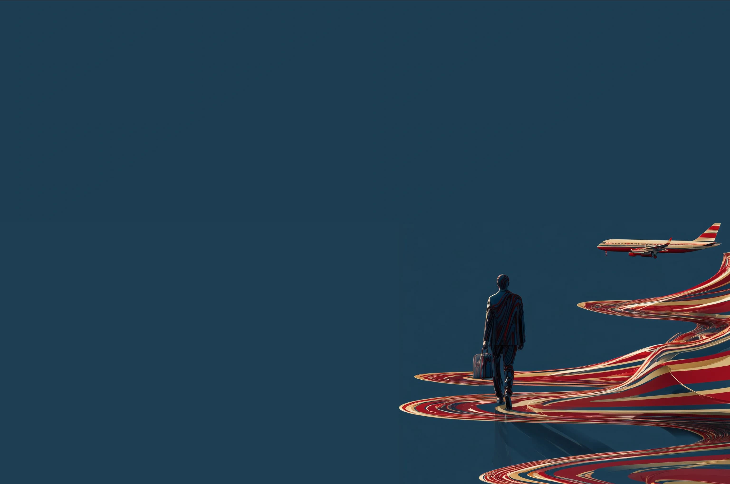 Rear view of a man in a jacket carrying a bag, his form woven from fine gold and red lines, striding through ribbons of flowing strand-like fabric with a small airliner to the left, on a deep blue background