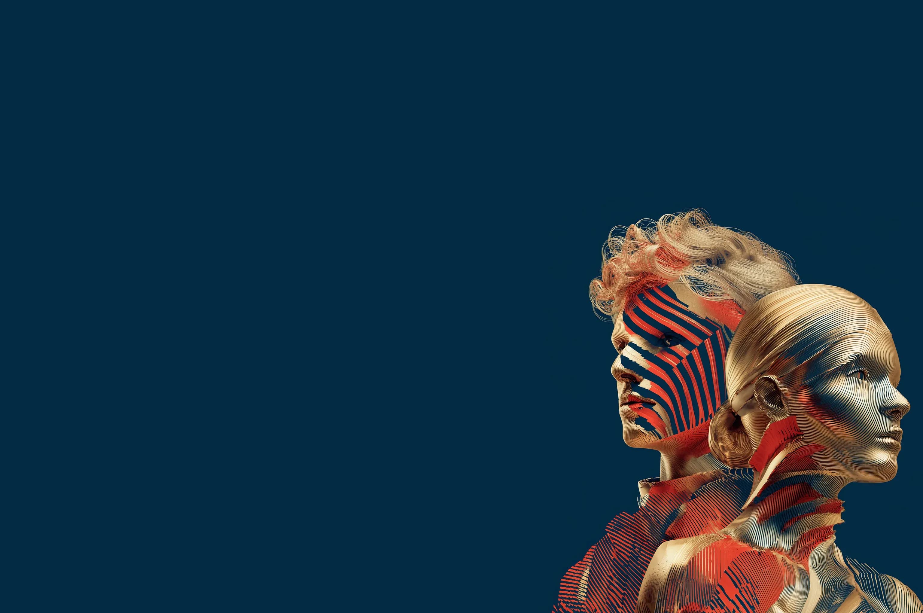 Two overlapping metallic human faces in profile, sculpted from fine gold lines with red striping across the features, set to the right against a wide expanse of deep blue
