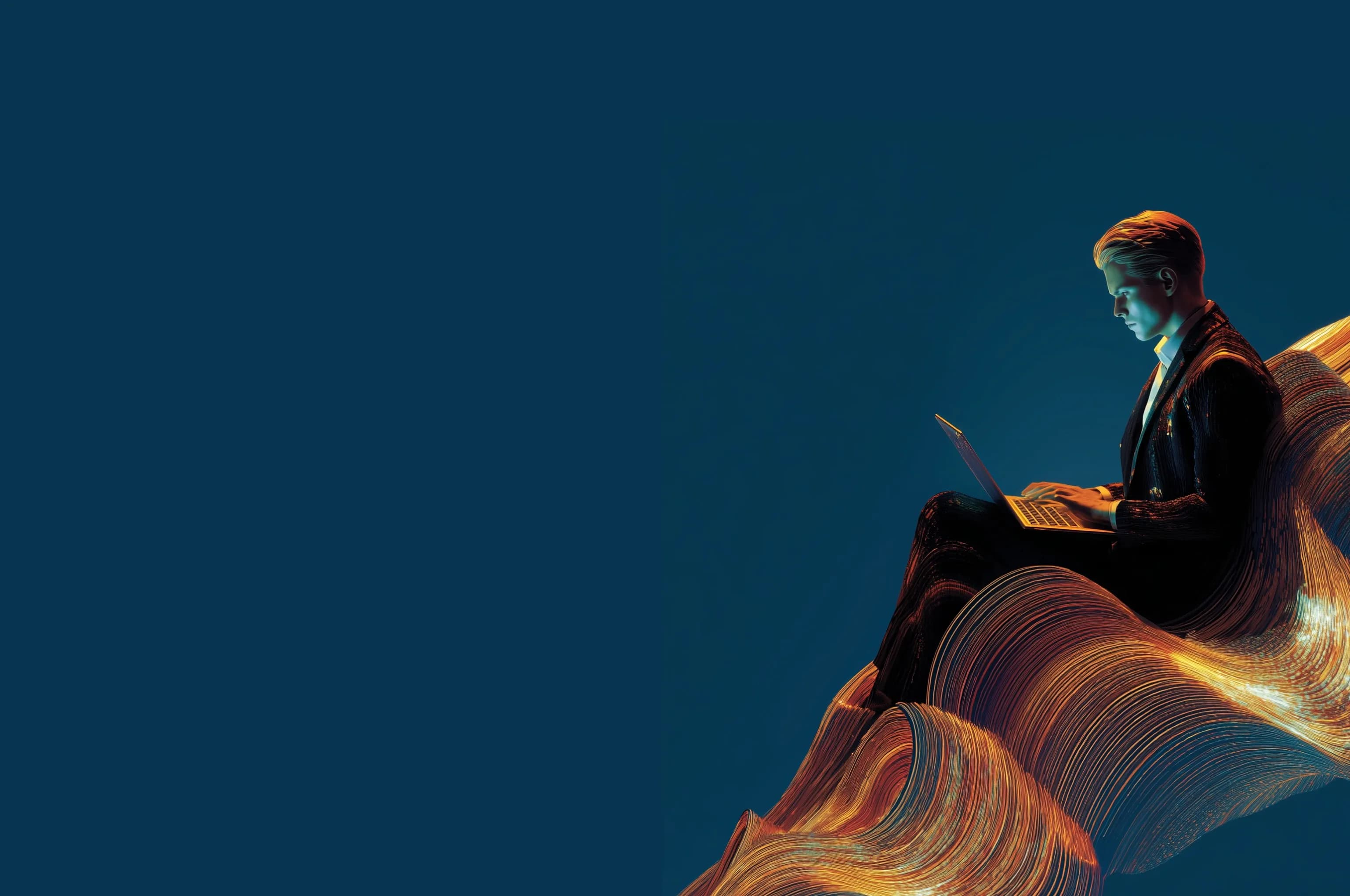 Man in a suit seated with a laptop on rolling waves of gold and orange strand-like lines, set to the right against a wide expanse of deep blue